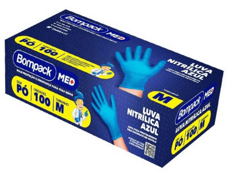 LUVA NITRILICA M AZUL 100 UN BOMPACK